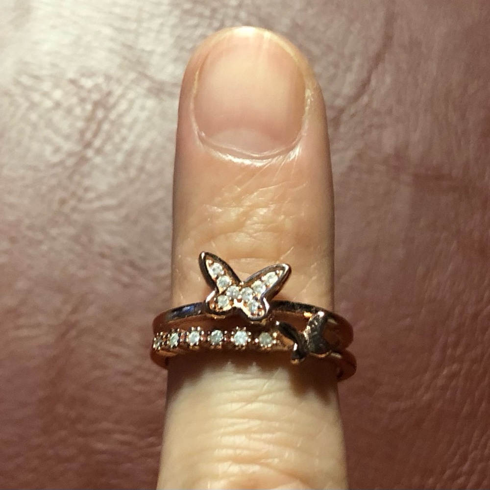 NWOT Adjustable 18K rose gold (pink) over copper butterfly ring & cubic zirconia